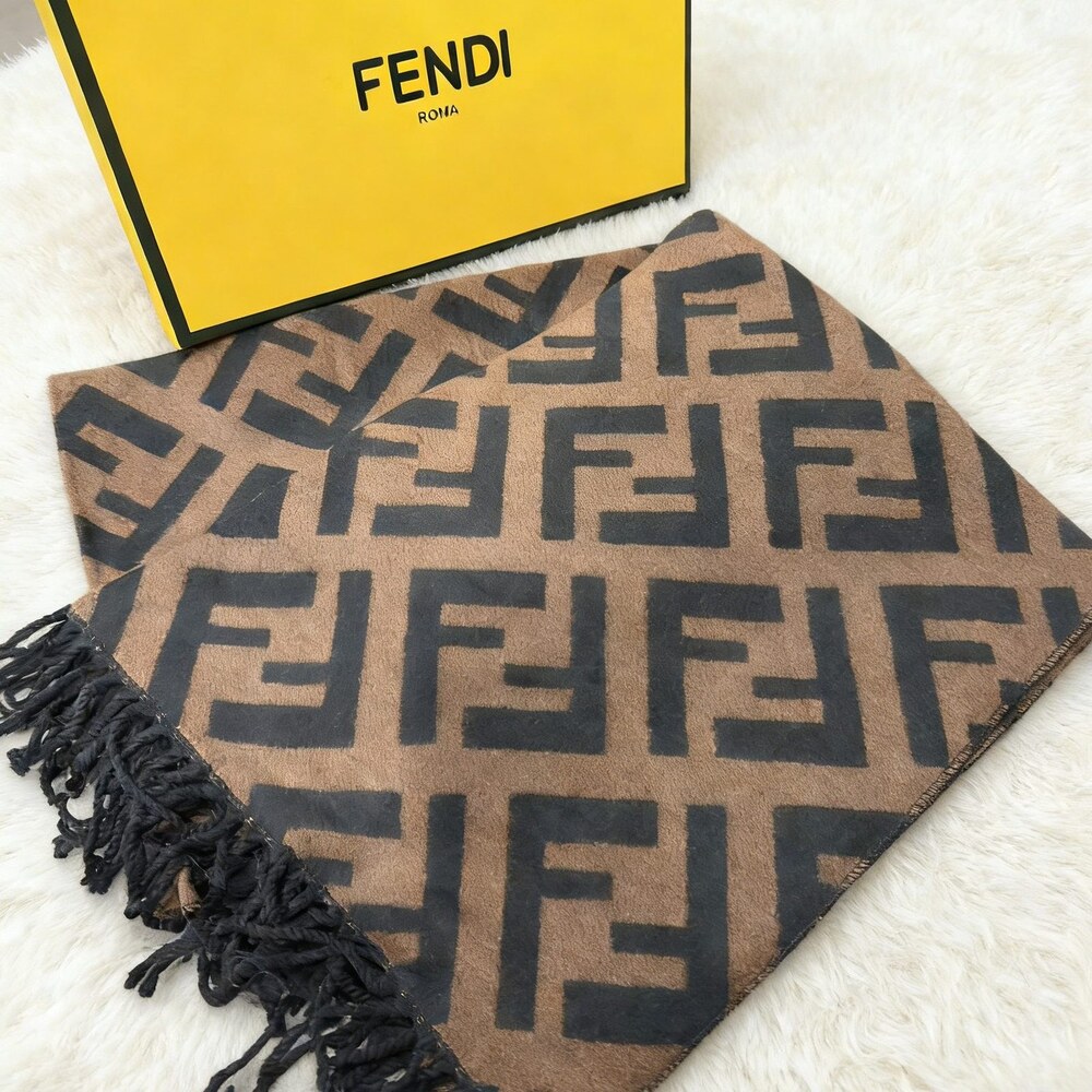 Fendi Tan Black Oversized FF Tassel Scarf - Picture 2 of 5